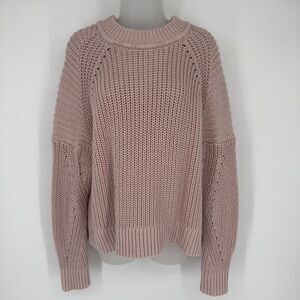 Express Pink Chunky Knit Fisherman Sweater Large Balloon Sleeve Ribbed Boho Cozy